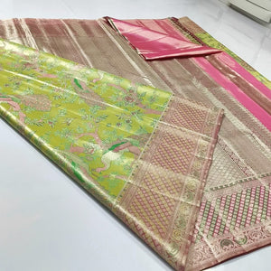 Classic Lime Green Floral Meenakari Brocade Bridal Elegance Kanchipuram Handloom Silk Saree SS24676