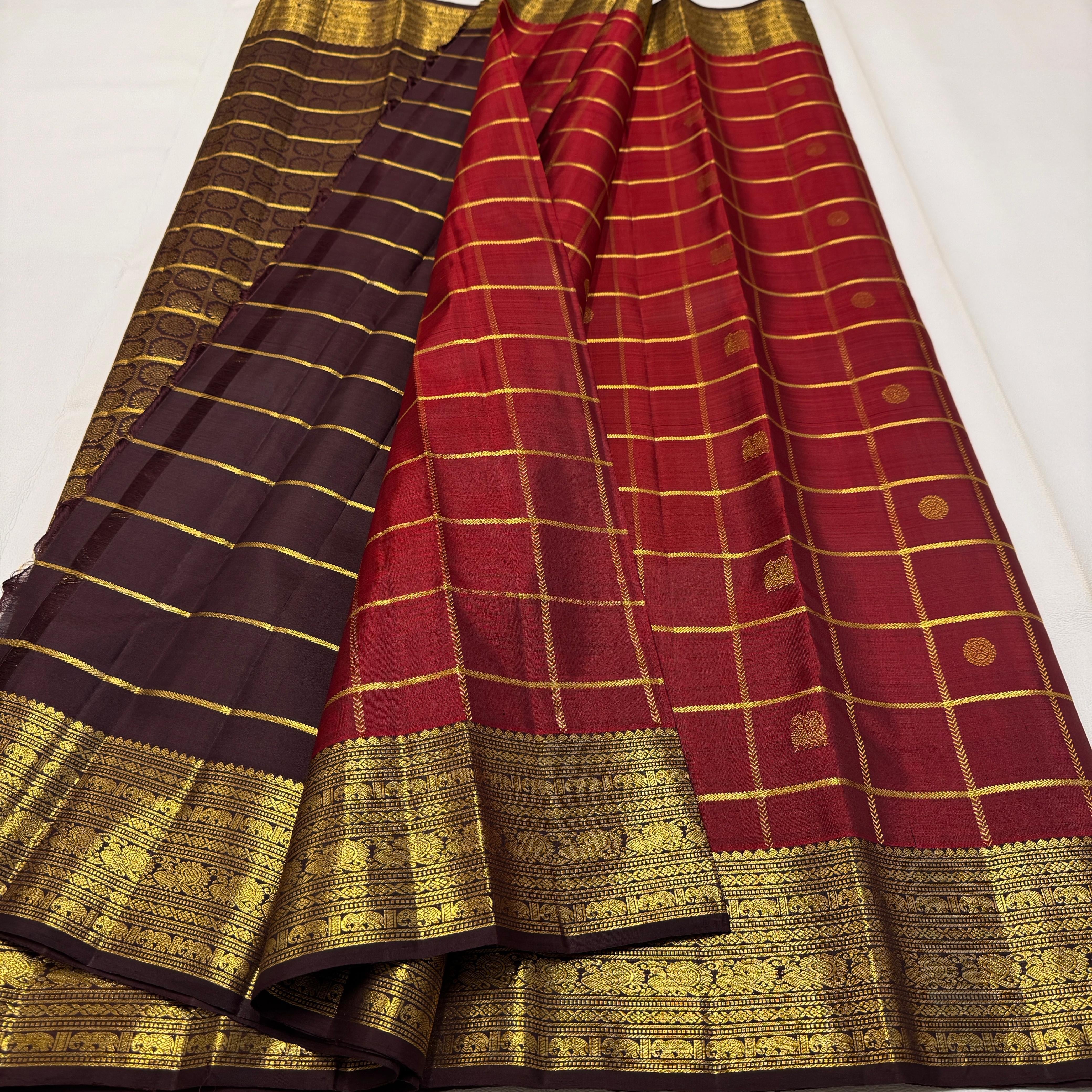 Classic Brick Red & Coffee Brown 2gm Zari Bridal Elegance Kanchipuram Handloom Silk Saree SS26497