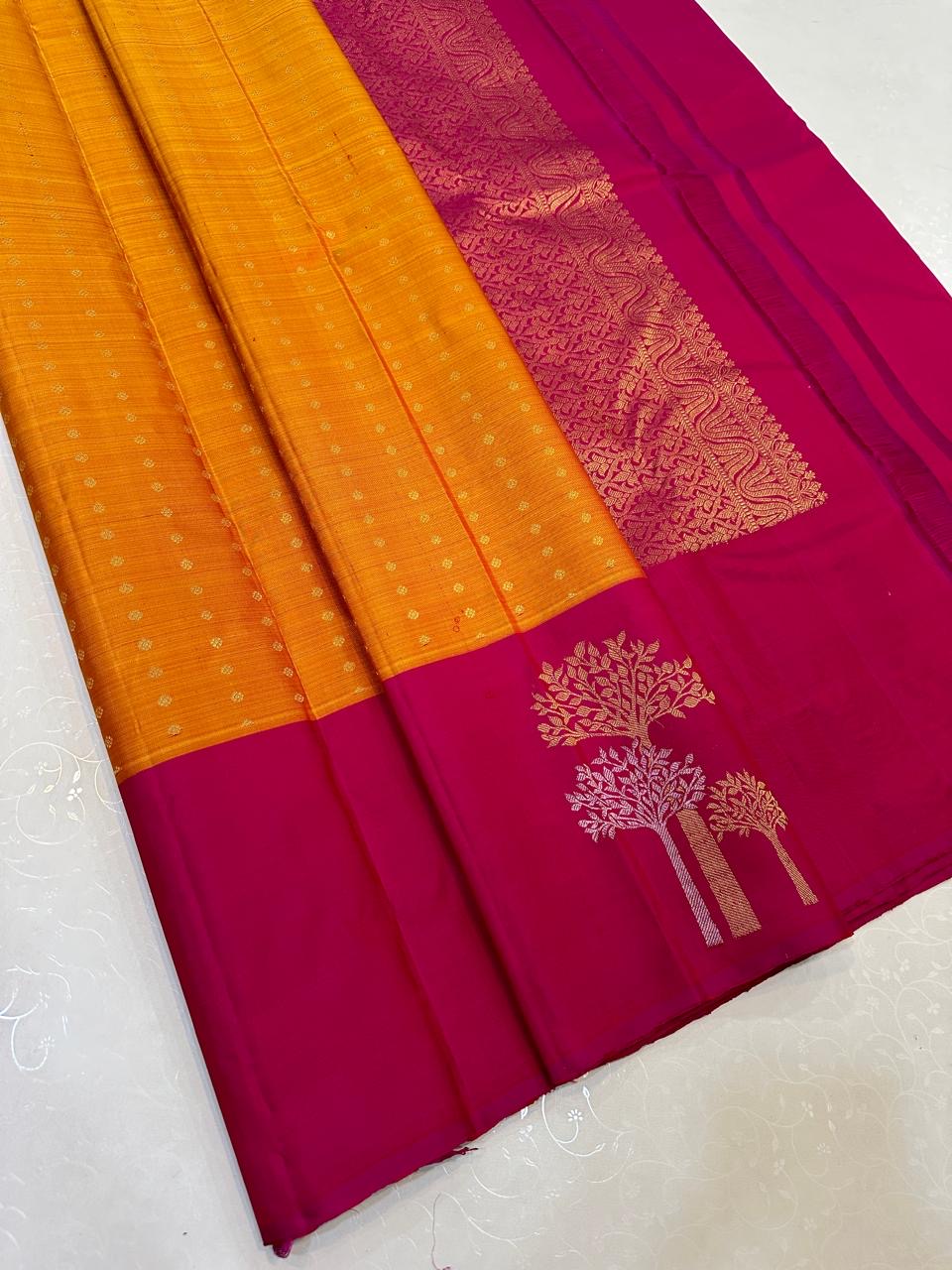 Classic Mango Yellow & Dark Pink Elegance Kanchipuram Handloom Silk Saree SS25342
