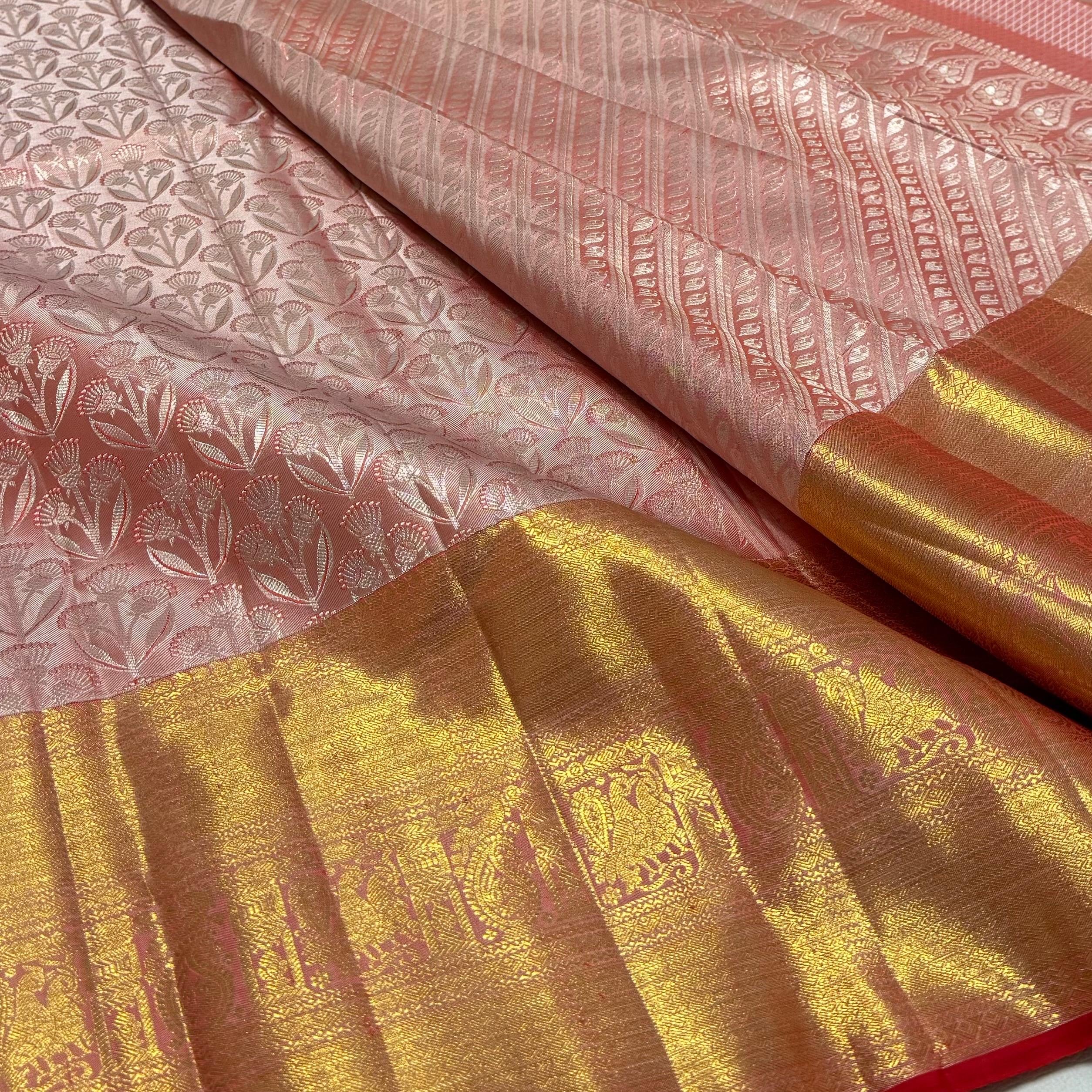 Classic Pastel Pink & Chilli Red Korvai Zari 1gm Zari Bridal Elegance Kanchipuram Handloom Silk Saree SS26057