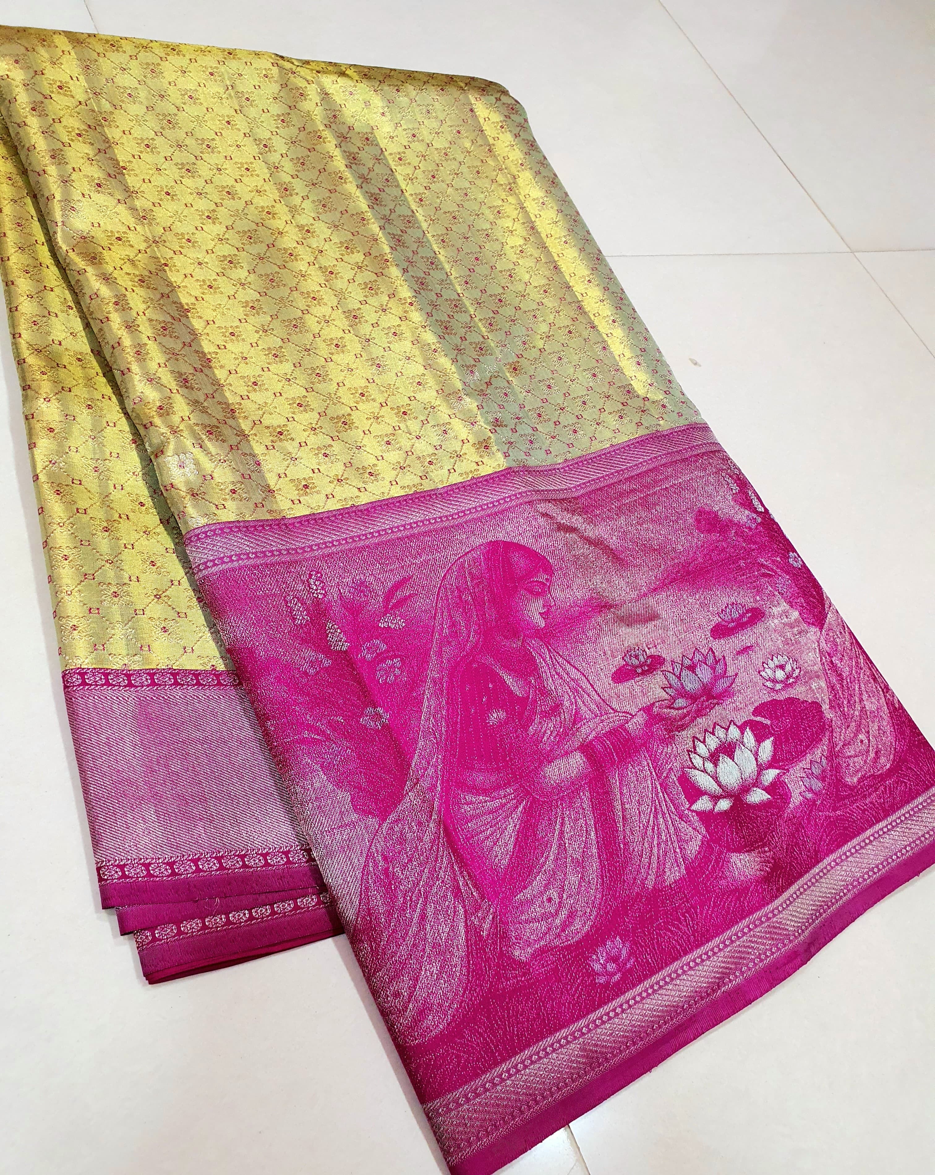 Shimmer Gold & Deep Pink 4D designed Bridal Elegance Kanchipuram Handloom Silk Saree SS24775