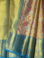 Load image into Gallery viewer, Classic Golden Beige &amp; Sky Blue 2gm Zari Tissue Brocade Bridal Elegance Kanchipuram Handloom Silk Saree SS27096
