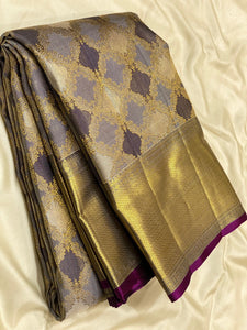 Classic Grey & Plum 2gm Zari Kanchipuram Handloom Silk Saree SS25614