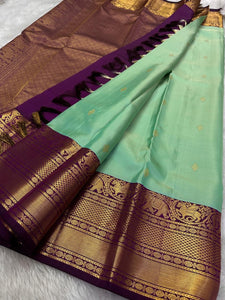 Classic Aqua & Berry Wine 2gm Zari Elegance Kanchipuram Handloom Silk Saree SS24237