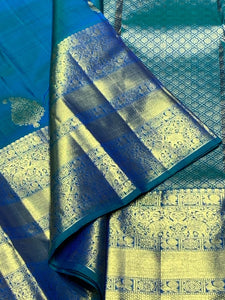 Classic Double Shade Blue 2gm Zari Bridal Elegance Kanchipuram Handloom Silk Saree SS24787