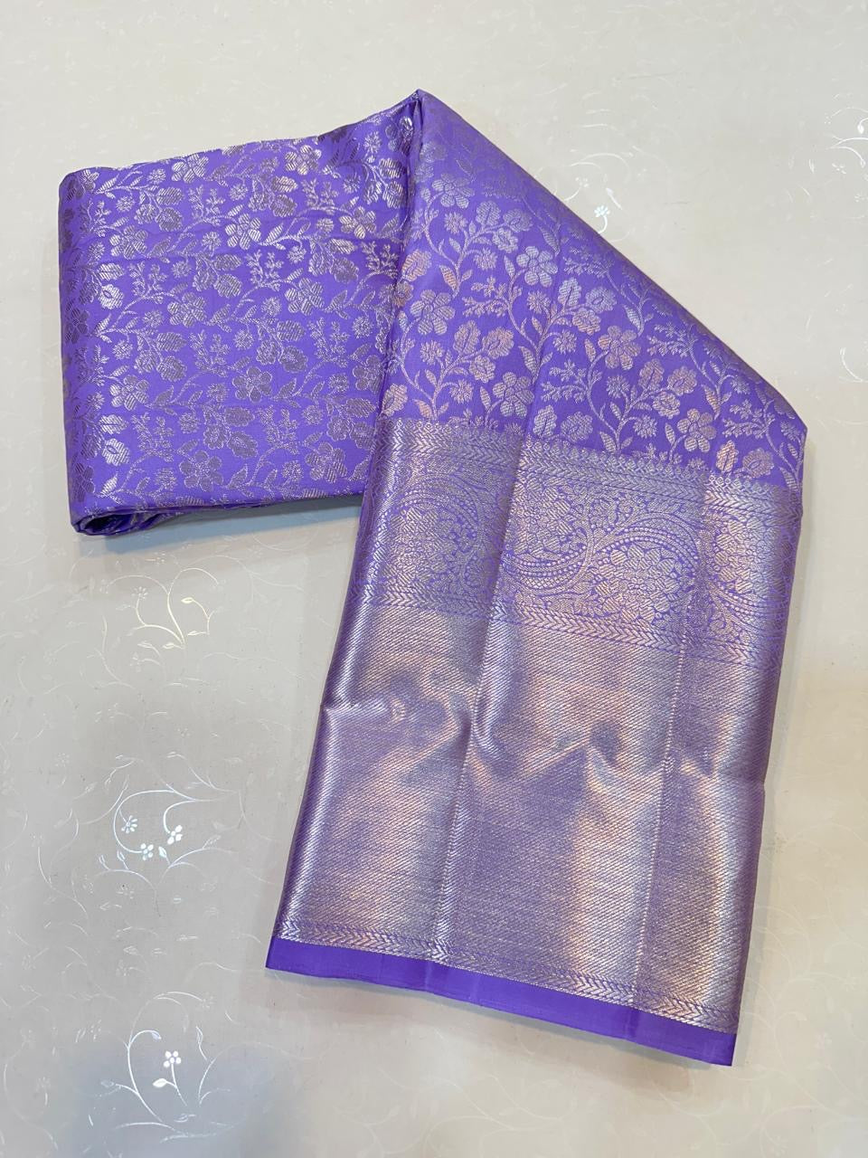 Pastel Bluish Lavender 2gm Zari Bridal Elegance Kanchipuram Handloom Silk Saree SS24366