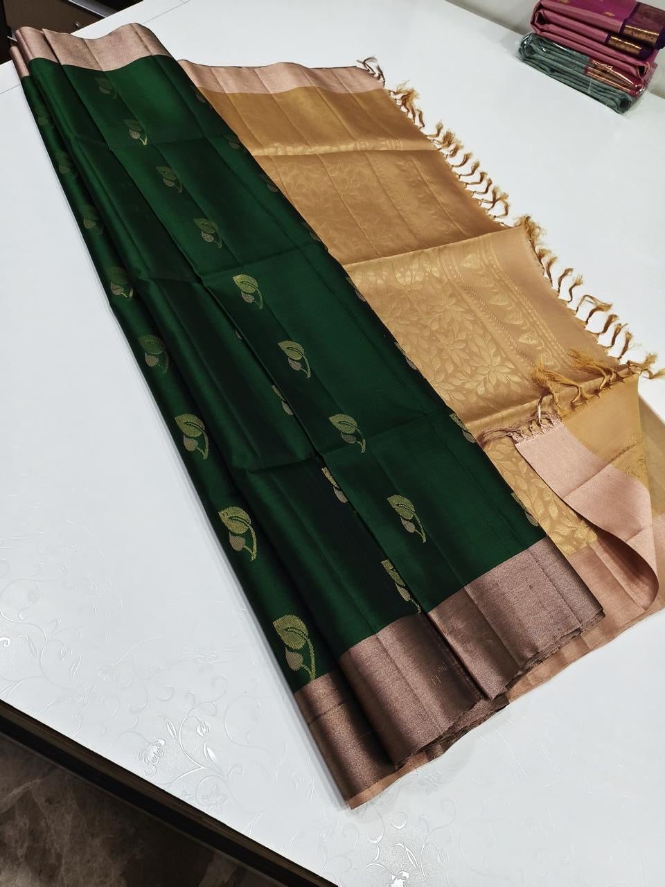 Bottle Green & Corn Beige Elegance Handloom Soft Silk Saree SS25606