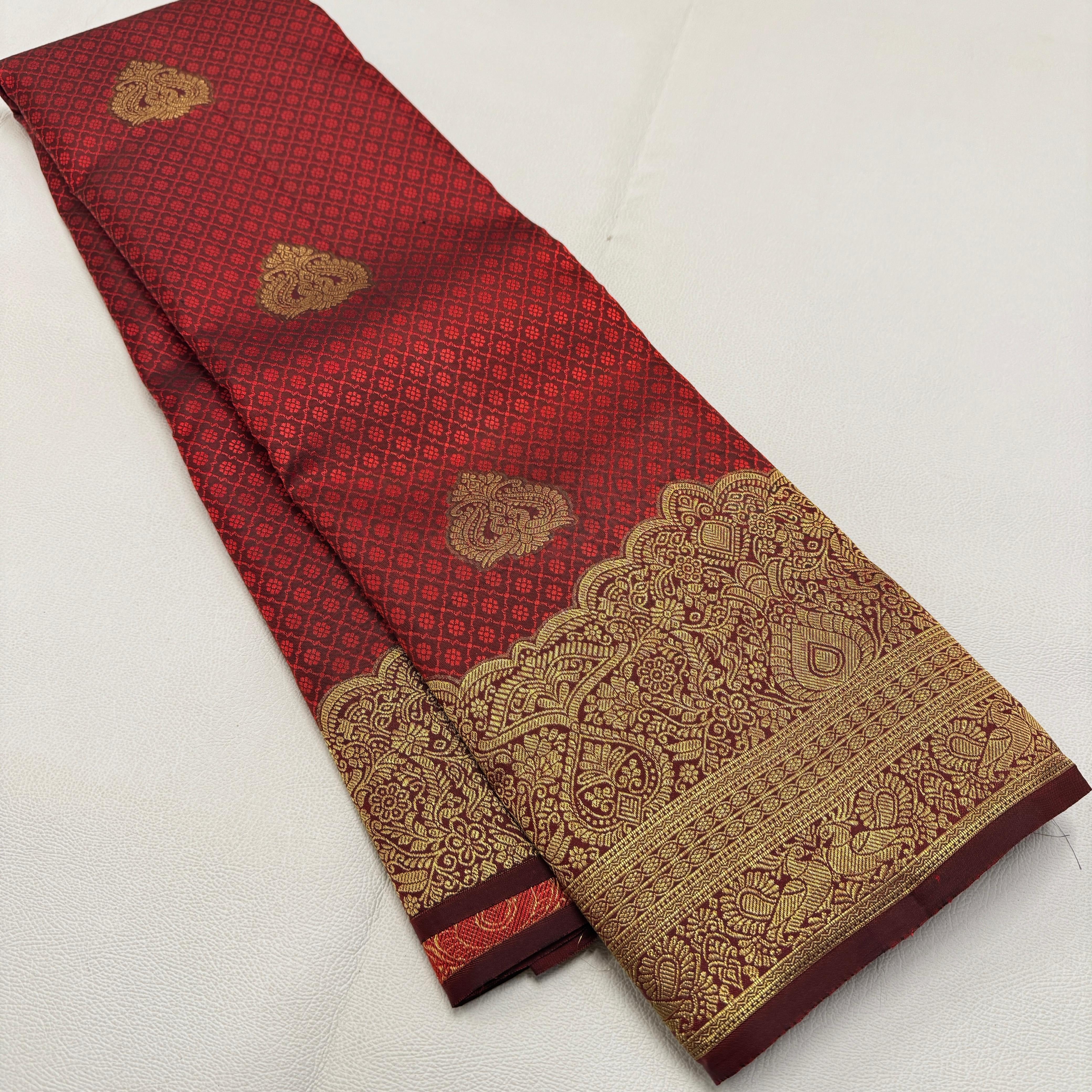 Classic Burnt Orange 2gm Zari Temple Bridal Elegance Kanchipuram Handloom Silk Saree SS26585