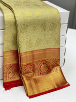 Load image into Gallery viewer, Light Olive Green &amp; Scarlet Red 2gm Zari Kanchipuram Handloom Silk Saree SS25625
