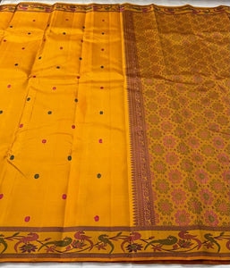 Classic Mustard Yellow 2gm Zari Kanchipuram Handloom Silk Saree SS25574