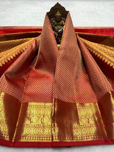 Classic Dark Orange Red 2gm Zari Bridal Elegance Kanchipuram Handloom Silk Saree SS26494