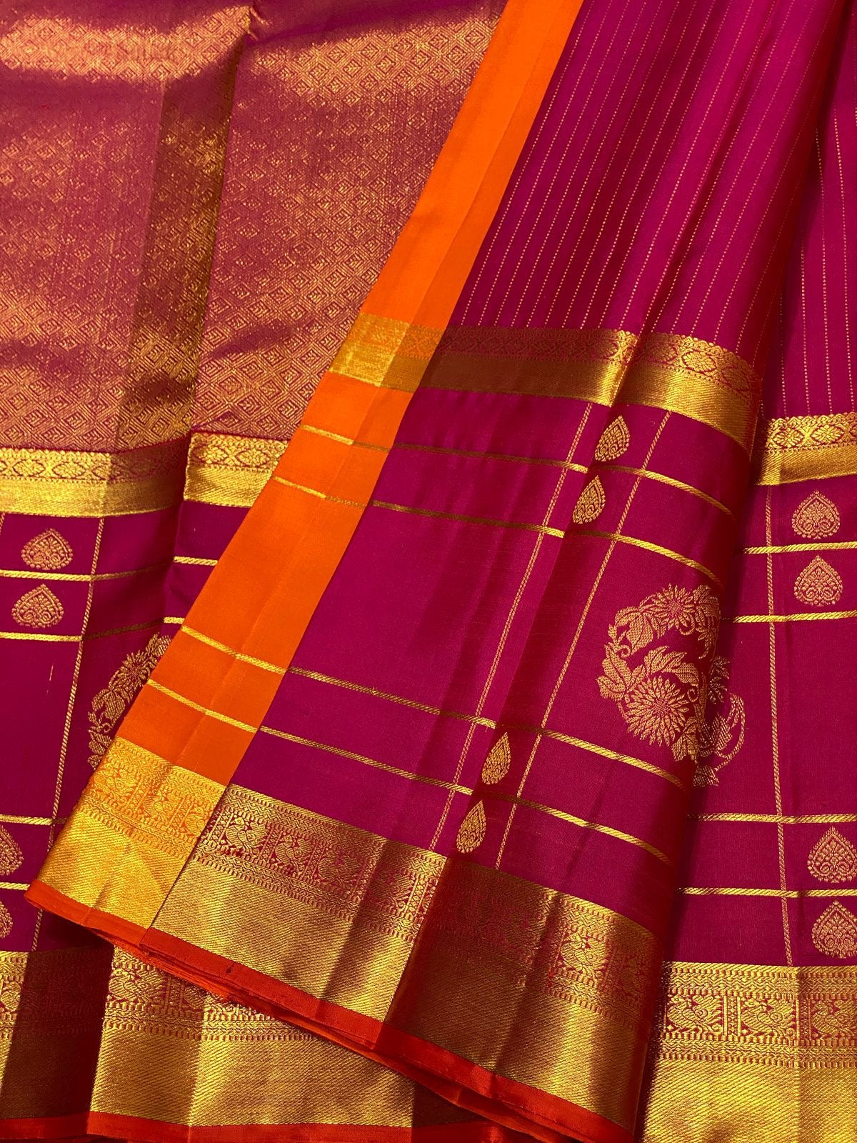 Classic Ruby Pink & Orange 2gm Zari Long Border Elegance Kanchipuram Handloom Silk Saree SS25378