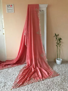 Classic Coral Peach Elegance Banarasi Handloom Tissue Silk Saree SS23783