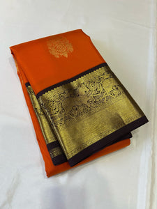 Classic Orange & Dark Brown 2gm Zari Korvai Bridal Elegance Kanchipuram Handloom Silk Saree SS24482