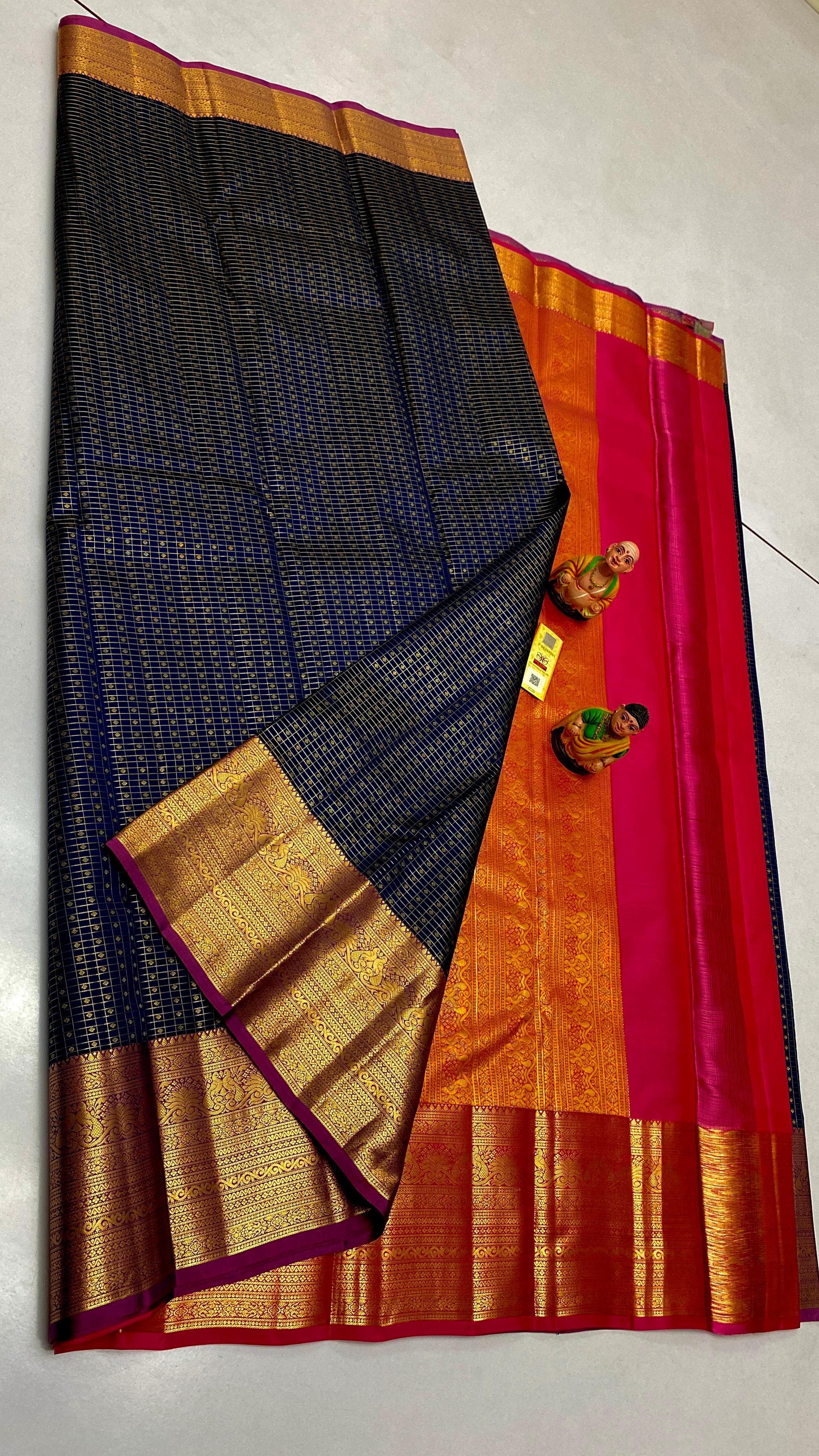 Classic Navy Blue & Rose Pink Elegance Kanchipuram Handloom Silk Saree SS24759