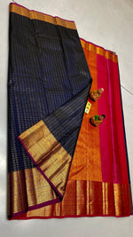 Load image into Gallery viewer, Classic Navy Blue &amp; Rose Pink Elegance Kanchipuram Handloom Silk Saree SS24759
