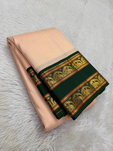 Pastel Peach & Timber Green 2gm Zari Elegance Kanjivaram Handloom Silk Saree SS22937