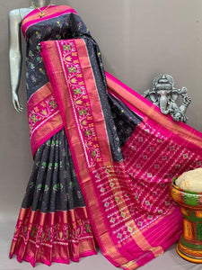 Classic Shadow Grey & Deep Pink Ikkat Elegance Handloom Soft Silk Saree SS23123