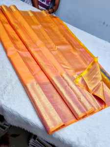 Classic Melon Orange Dual Toned & Scarlet Red 1gm Zari Elegance Kanchipuram Handloom Silk Saree SS24340