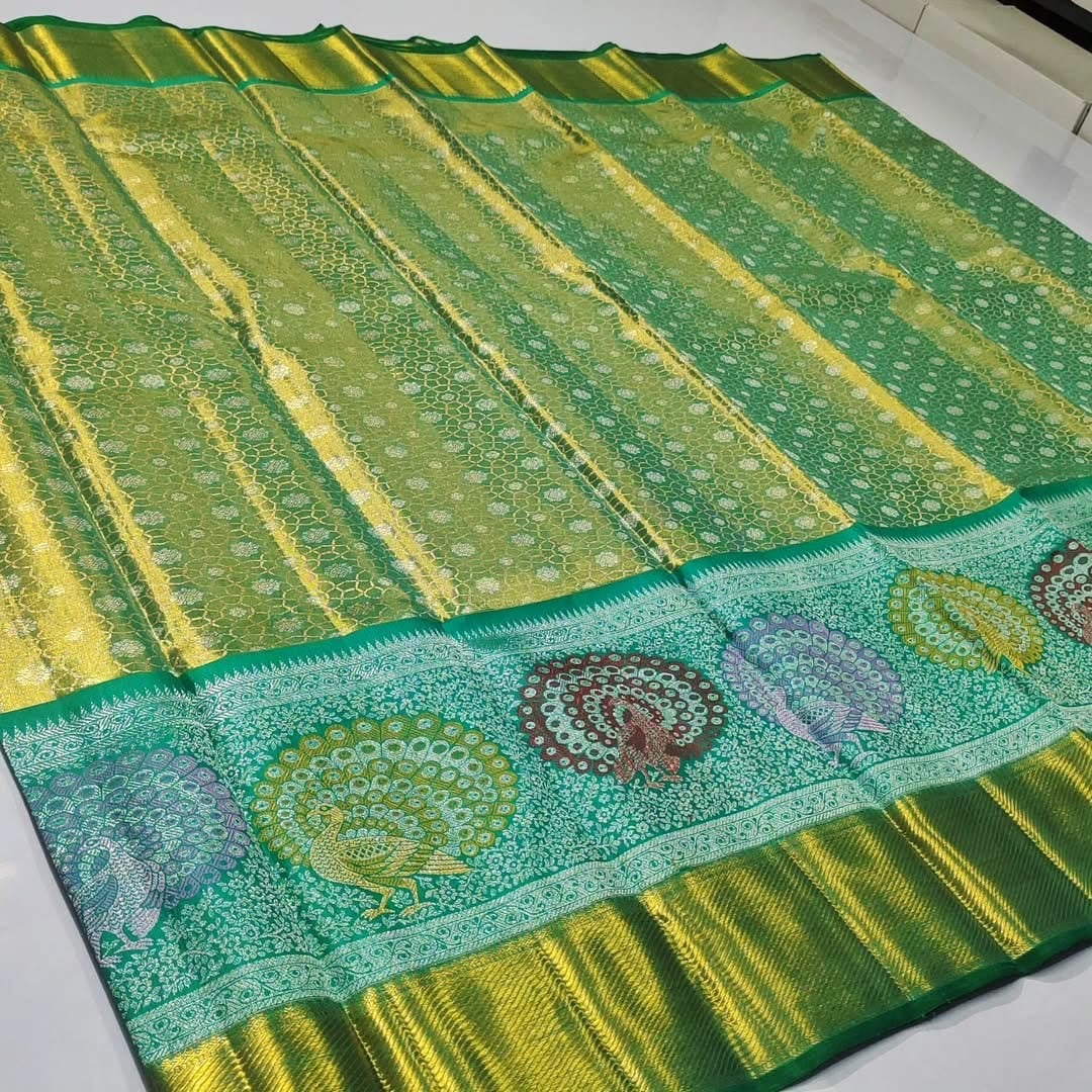 Classic Sea Green 2gm Zari Meenakari Brocade Bridal Elegance Kanchipuram Handloom Tissue Silk Saree SS24433