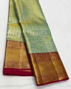 Classic Pista Green & Ruby Red 1gm Zari Bridal Elegance Kanchipuram Handloom Silk Saree SS24111