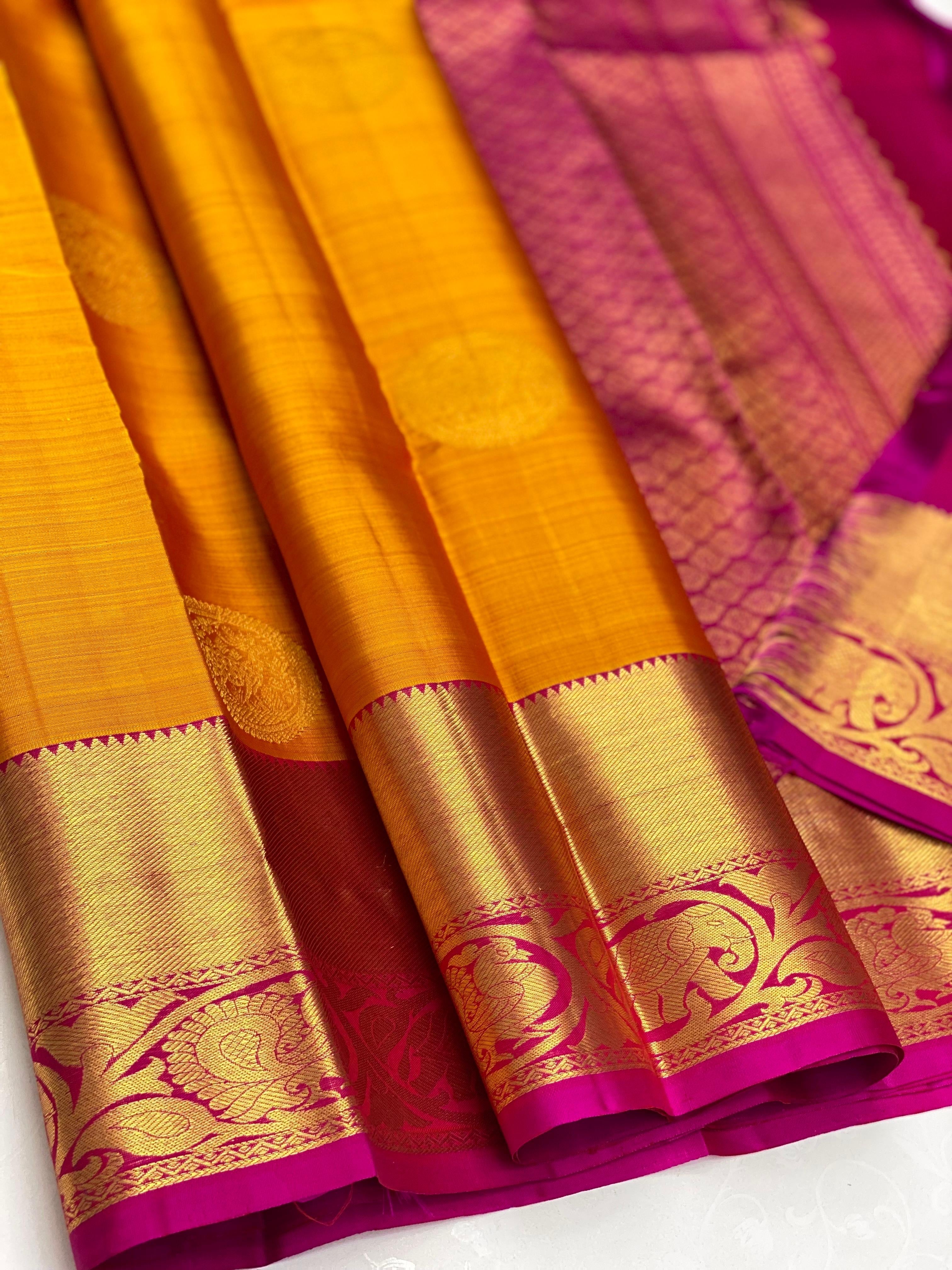 Classic Golden Yellow & Dark Pink 1gm Zari Kanchipuram Handloom Silk Saree SS26606