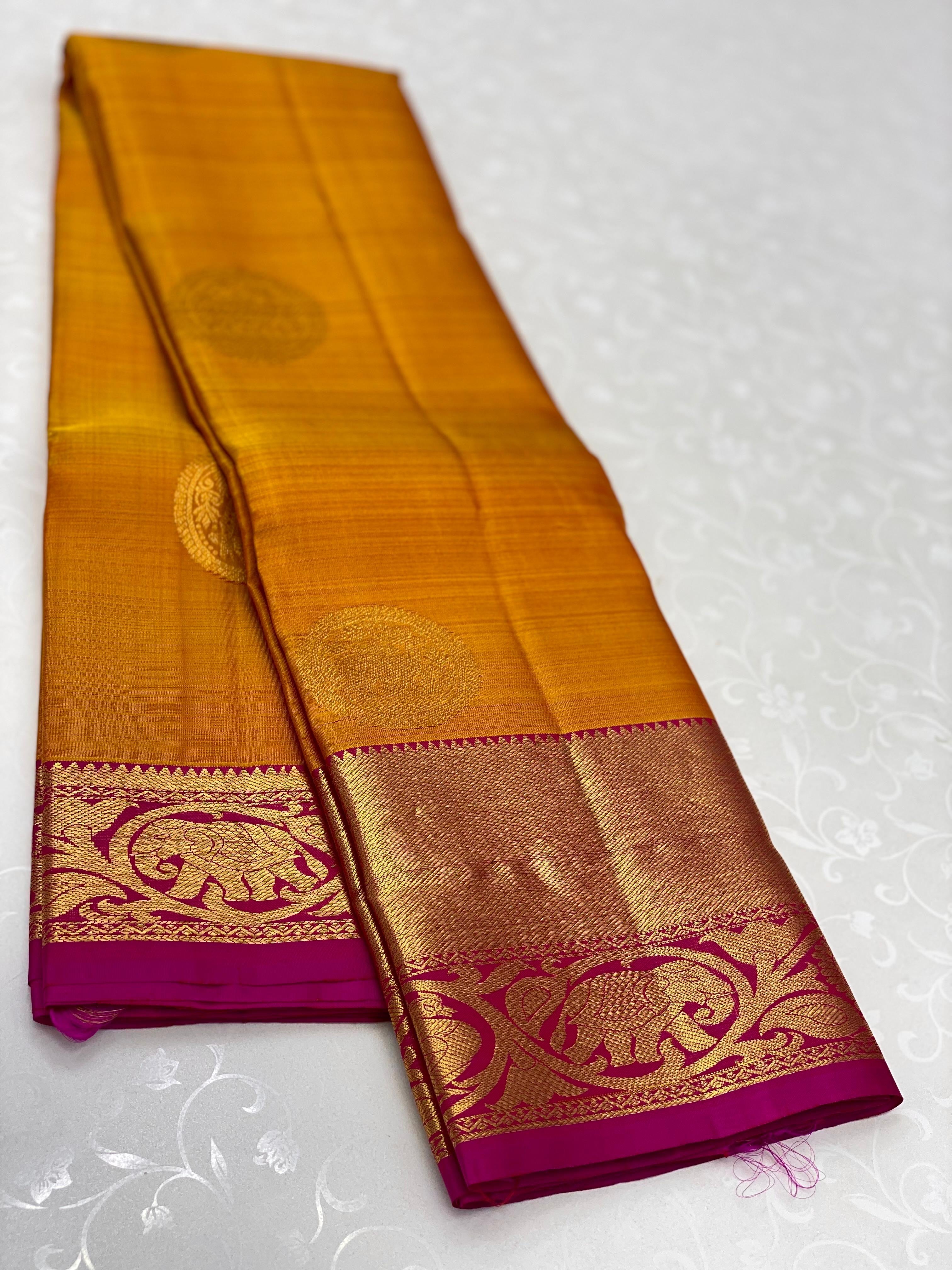 Classic Golden Yellow & Dark Pink 1gm Zari Kanchipuram Handloom Silk Saree SS26606