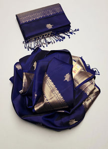Classic Navy Blue Double Warp Elegance Handloom Soft Silk Saree SS26429