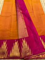 Load image into Gallery viewer, Classic Mustard Orange &amp; Ruby Red 1gm Zari Korvai Elegance Kanchipuram Handloom Silk Saree SS23666
