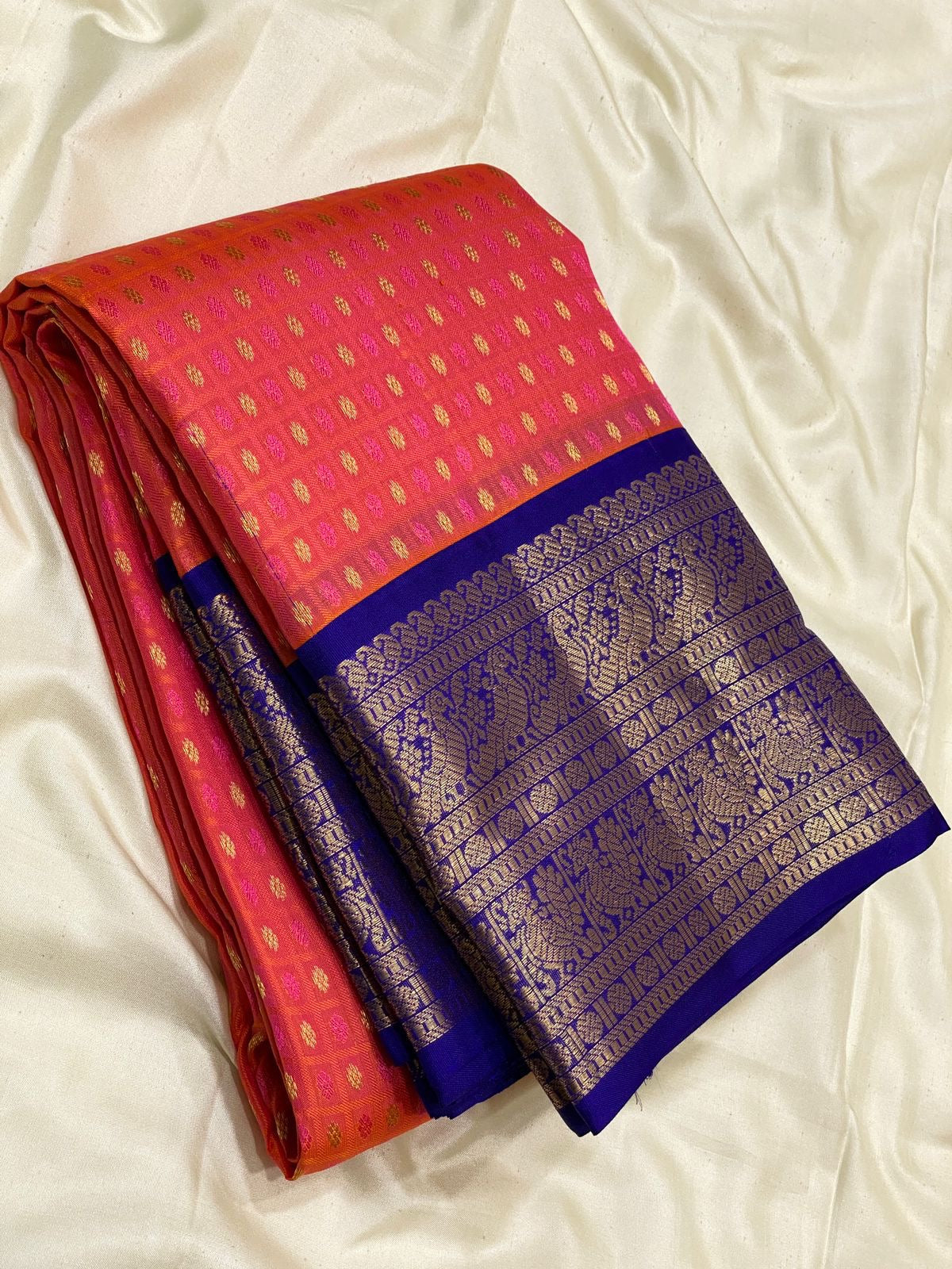 Classic Orange Rose & Robin Blue Elegance Kanchipuram Silk Saree SS24216