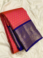 Load image into Gallery viewer, Classic Orange Rose &amp; Robin Blue Elegance Kanchipuram Silk Saree SS24216
