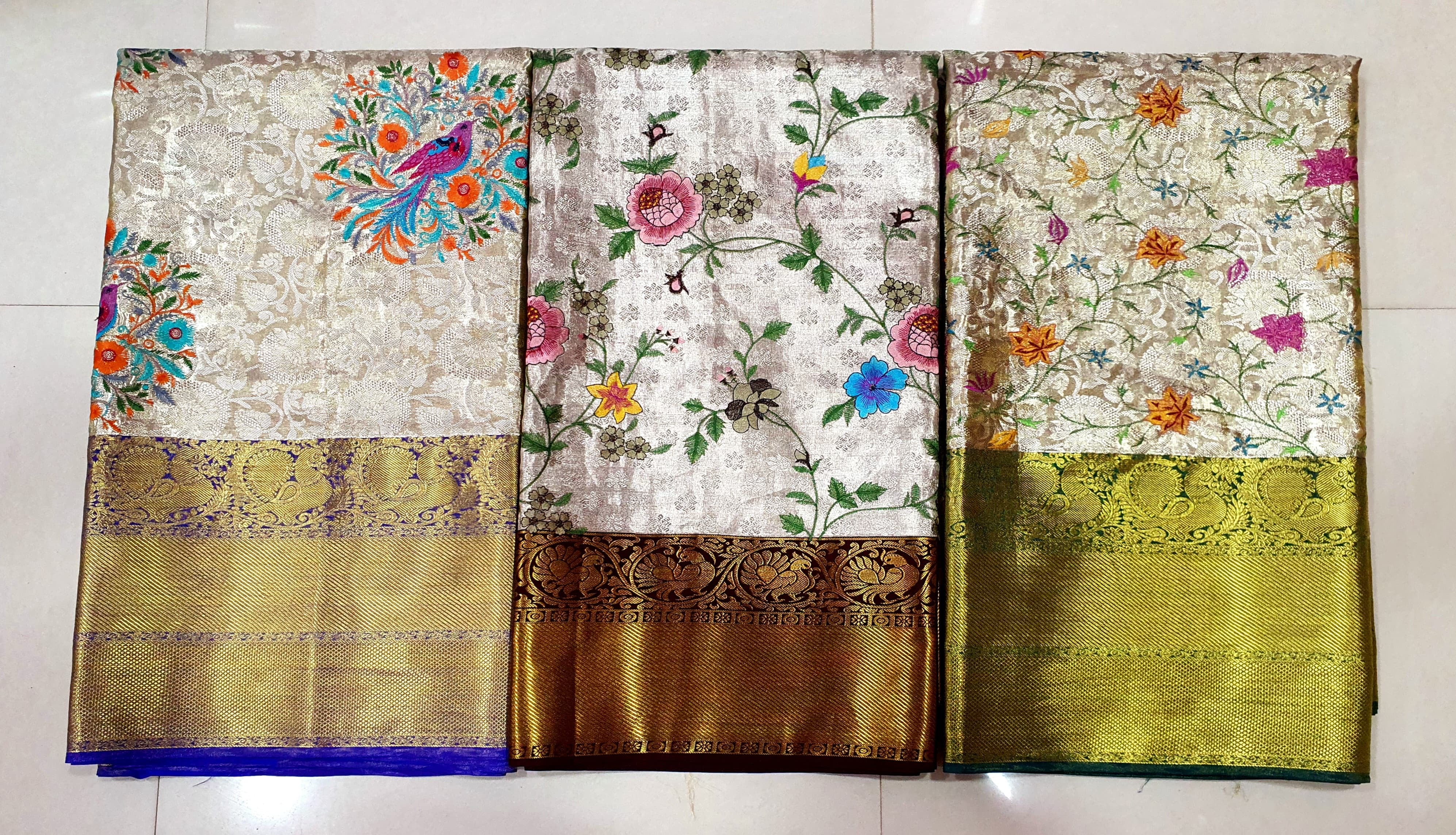 Classic White Silver Floral Embroidery 1gm Zari Elegance Kanchipuram Tissue Handloom Silk Saree SS24684