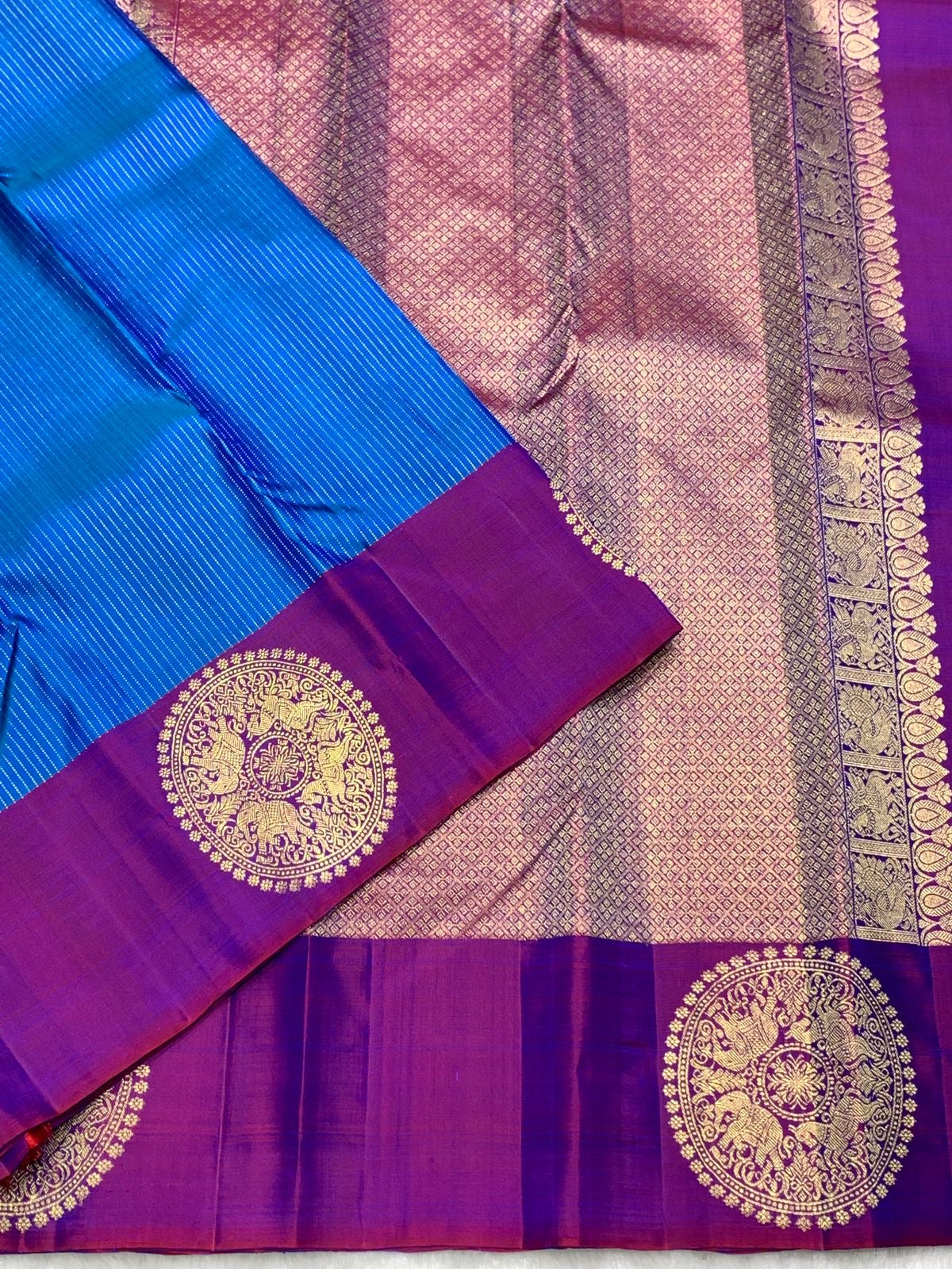 Classic Azure Blue & Purple 2gm Zari Kanchipuram Handloom Silk Saree SS25816