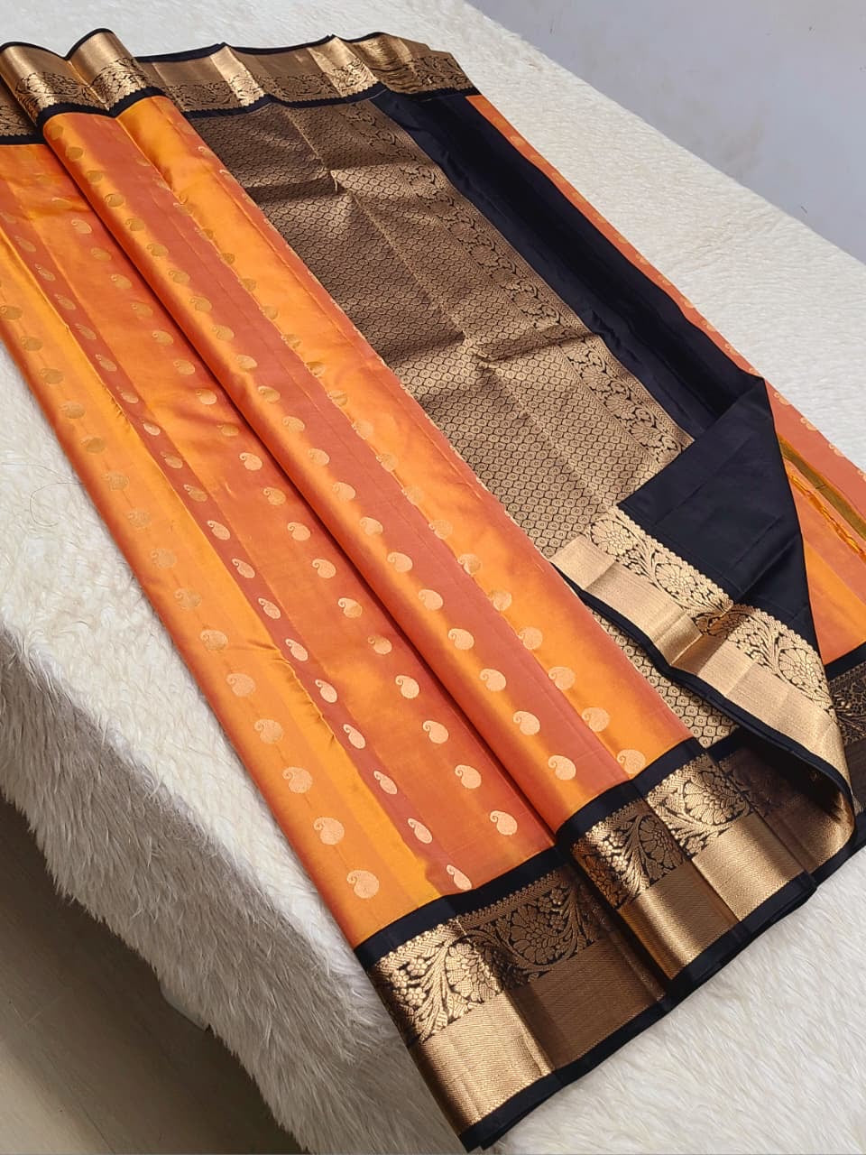 Classic Melon Orange & Charcoal Black 1gm Zari Kanchipuram Handloom Silk Saree SS26553