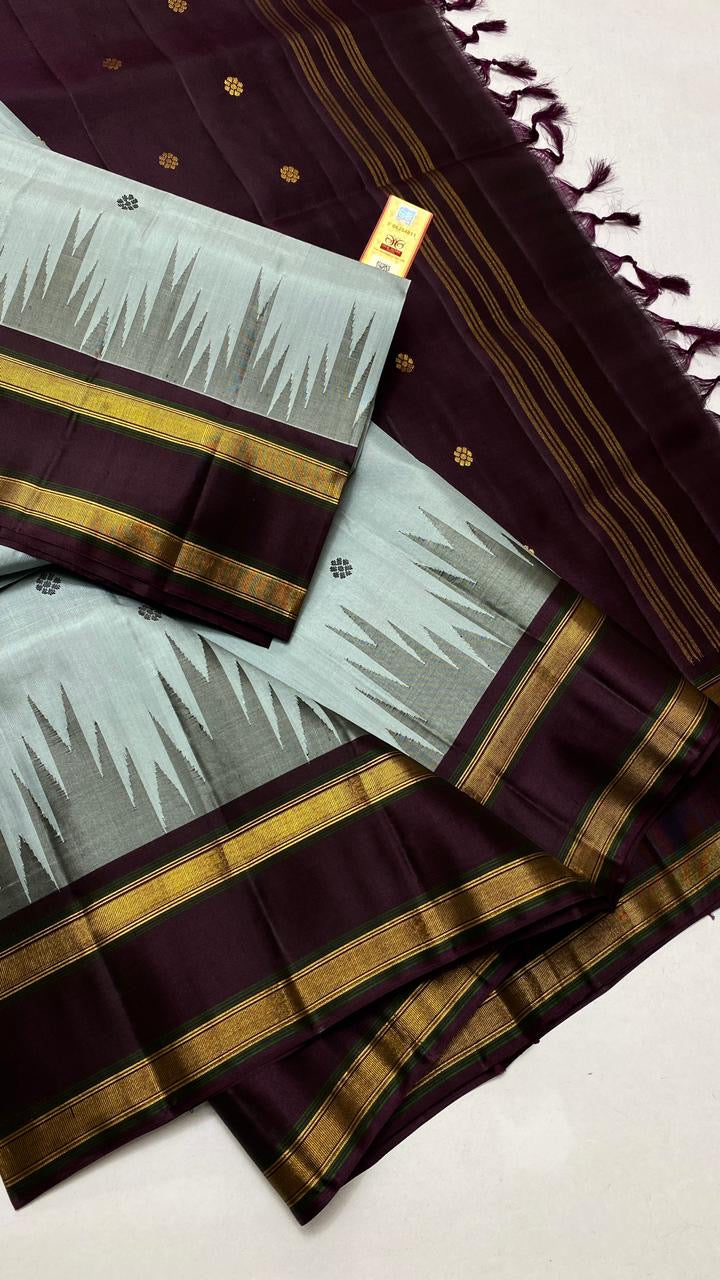 Classic Ice Grey & Coffee Brown Korvai Kanchipuram Handloom Silk Saree SS25883