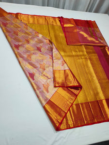 Classic Rose Gold & Dark Red 1point5 gm Zari Bridal Elegance Kanchipuram Handloom Silk Saree SS26453
