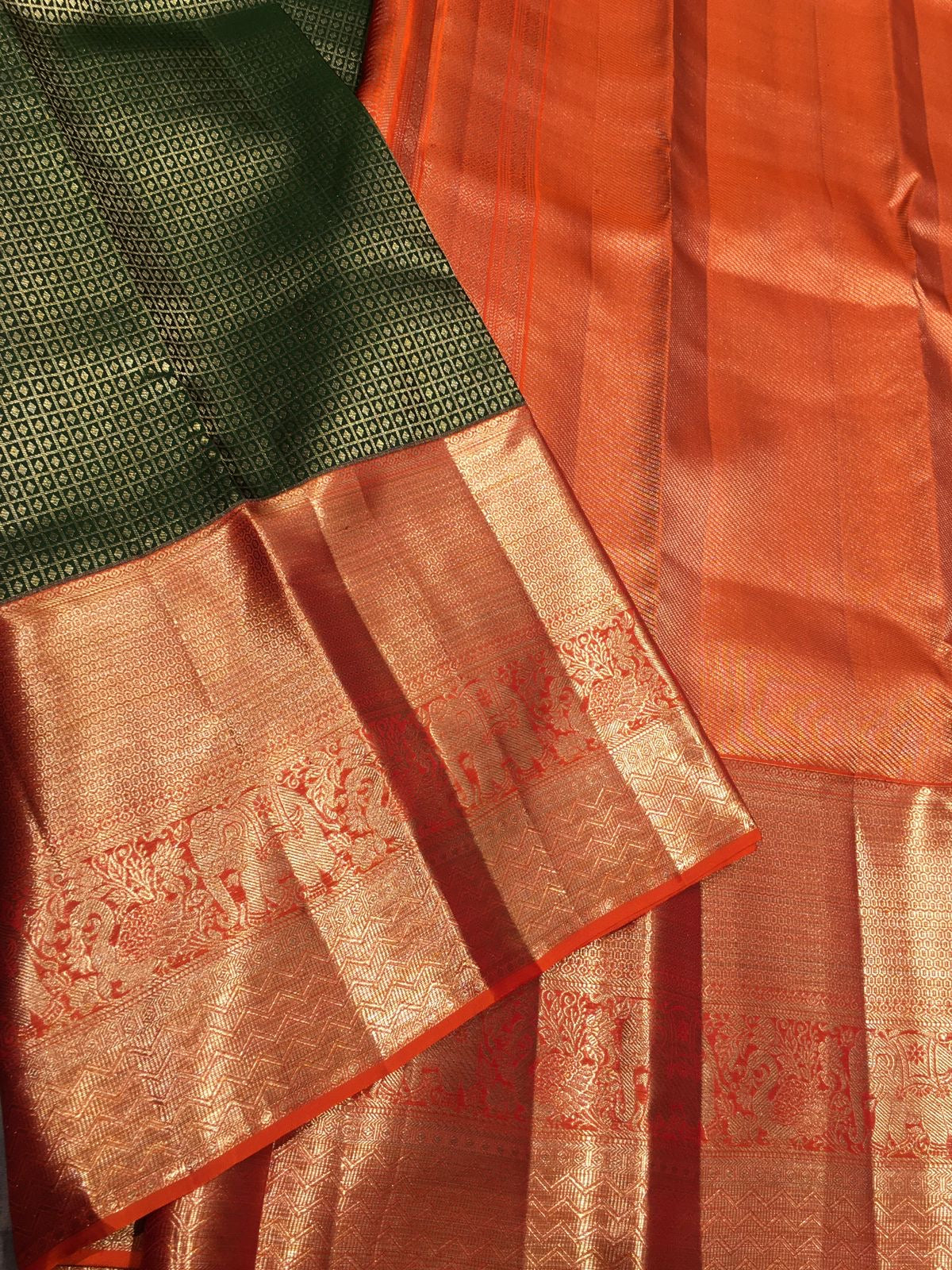 Classic Dark Green & Orange Bridal Elegance Kanchipuram Handloom Silk Saree SS26695