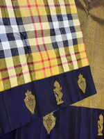 Load image into Gallery viewer, Classic White Yellow Navy Blue Checks 2gm Zari Elegance Kanchipuram Handloom Silk Saree SS27207
