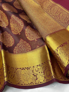 Classic Brownish Maroon 2gm Zari Elegance Kanchipuram Handloom Silk Saree SS25232