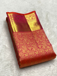 Classic Pinkish Orange 2gm Zari Bridal Elegance Kanchipuram Handloom Silk Saree SS25267