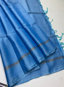 Classic Cornflower Blue Elegance Plain Handloom Soft Silk Saree SS26140