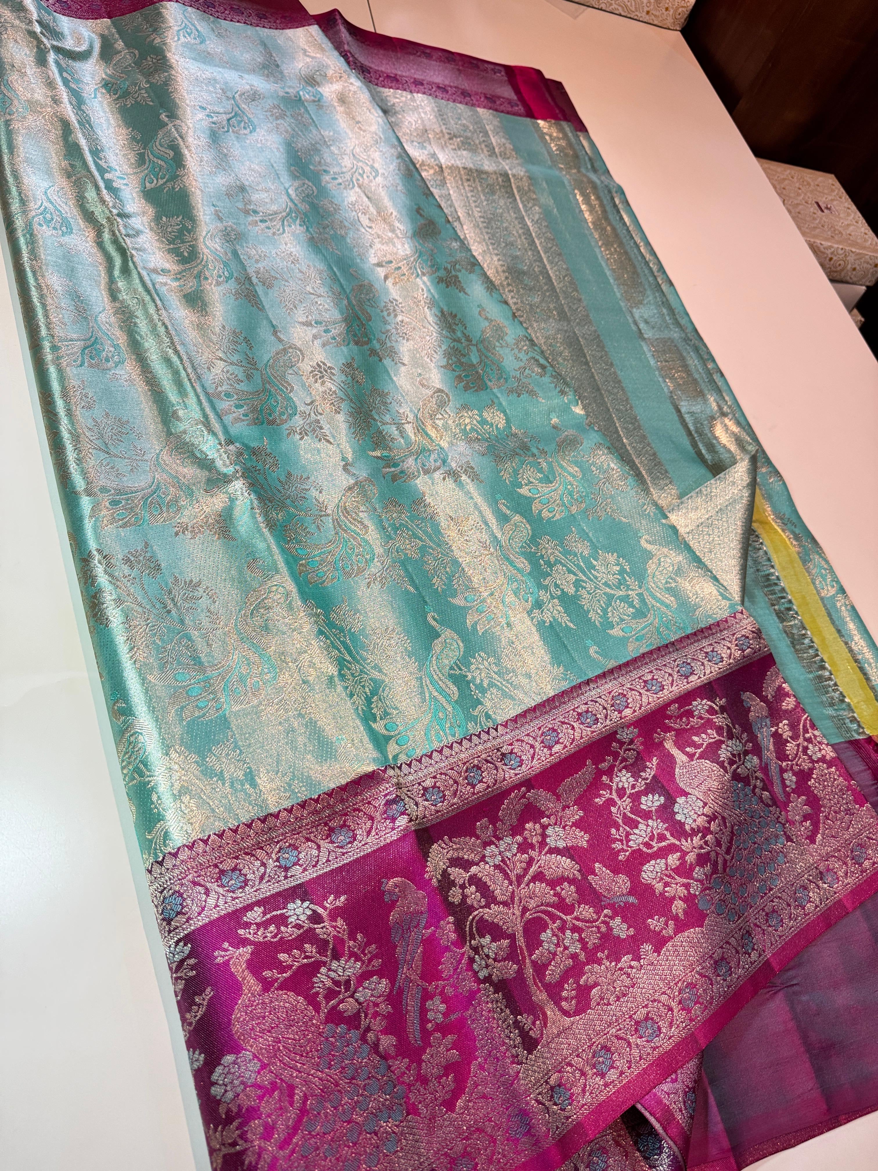Classic Aqua & Deep Pink Meenakari Bricade Bridal Elegance Kanchipuram Handloom Silk Saree SS25333