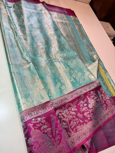 Classic Aqua & Deep Pink Meenakari Bricade Bridal Elegance Kanchipuram Handloom Silk Saree SS25333