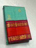 Load image into Gallery viewer, Classic Sea Green &amp; Orange 2gm Zari Elegance Kanchipuram Handloom Silk Saree SS28588
