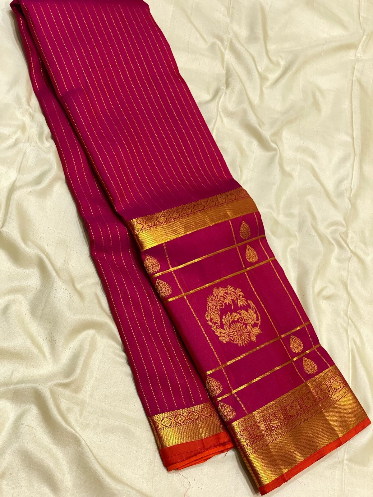 Classic Ruby Pink & Orange 2gm Zari Long Border Elegance Kanchipuram Handloom Silk Saree SS25378