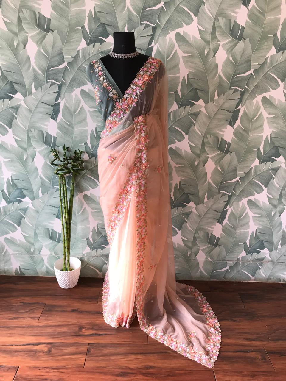 Classic Peach Elegance Tissue Organza Silk Saree SS24817