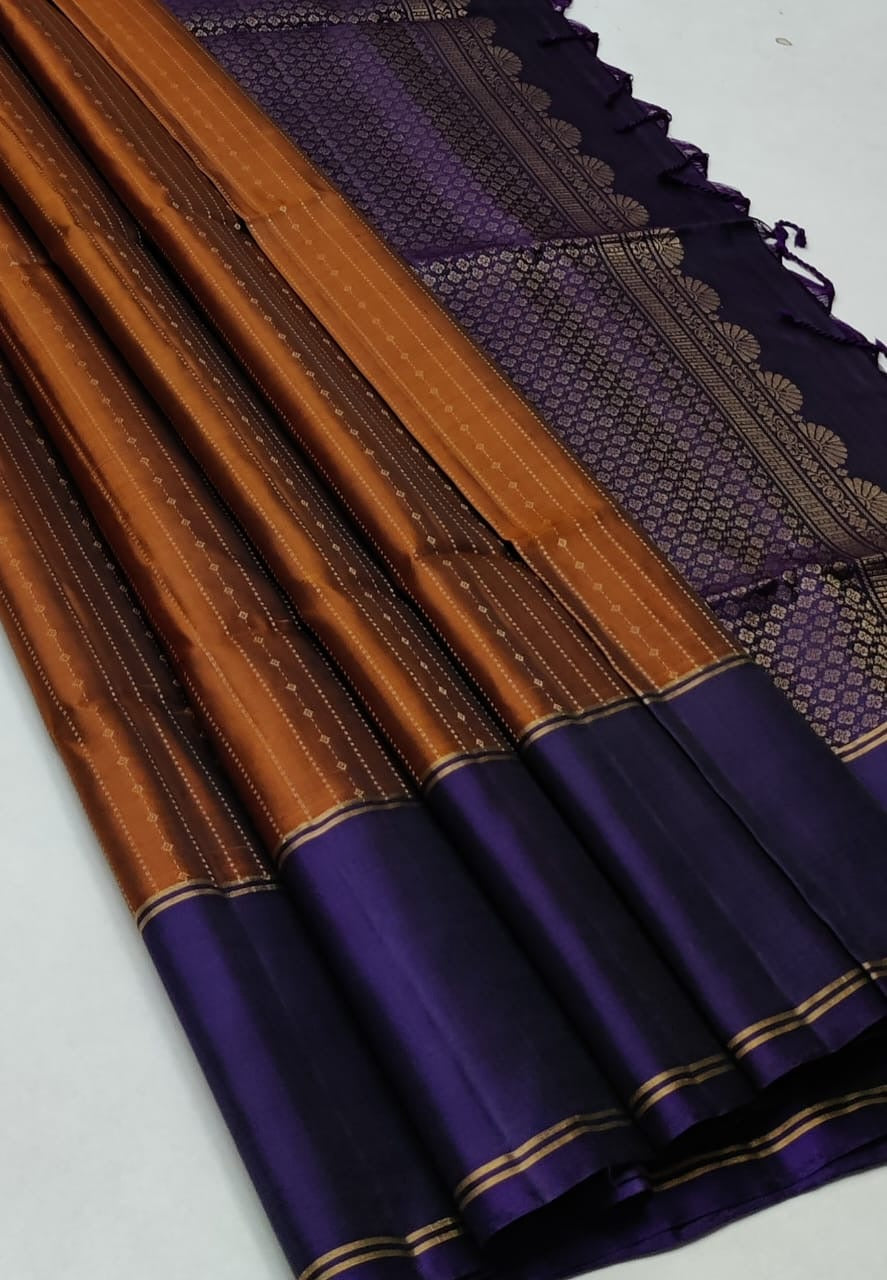 Creamy Amber Brown & Dark Violet Handloom Soft Silk Saree SS23064