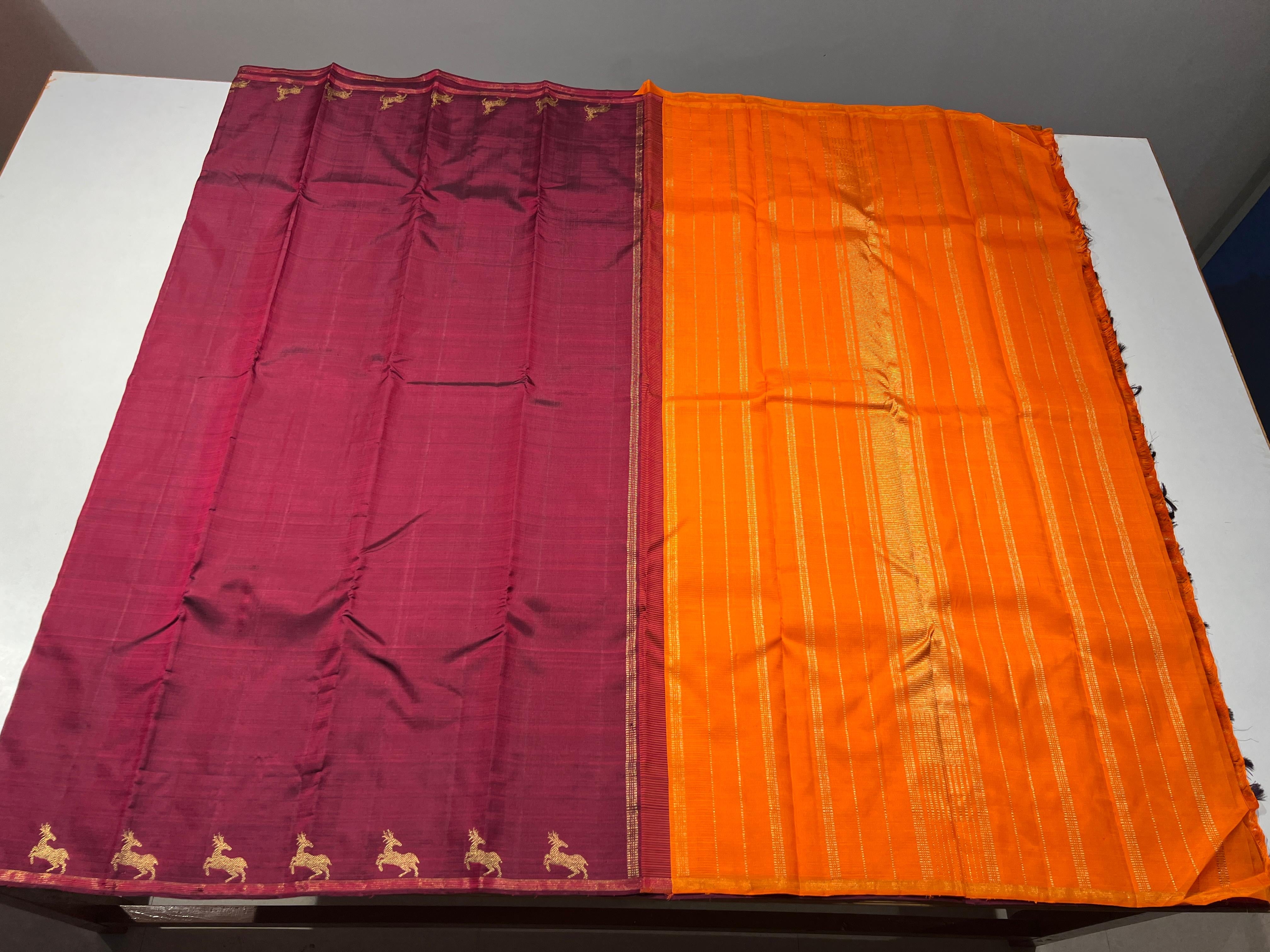 Classic Maroon & Orange 3gm Zari Elegance Kanchipuram Silk Saree SS23836