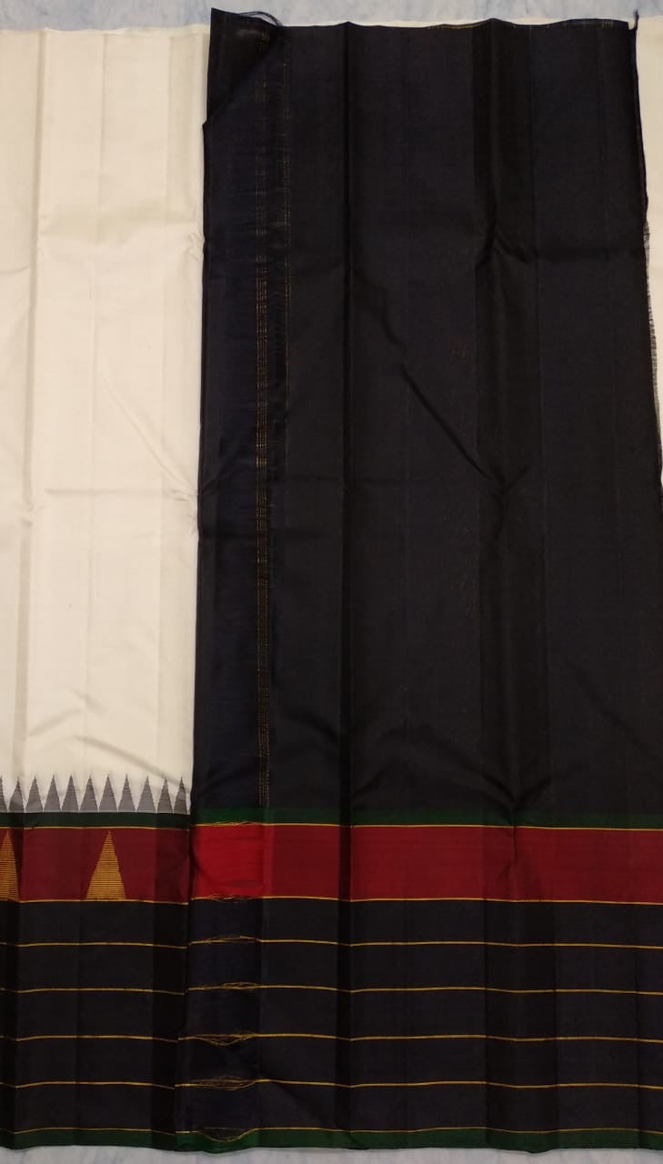 Classic Butter Cream & Charcoal Black Elegance Kanchipuram Handloom Silk Saree SS24505