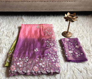 Classic Pink Purple Ombre Elegance Tissue Organza Handloom Silk Saree SS22287